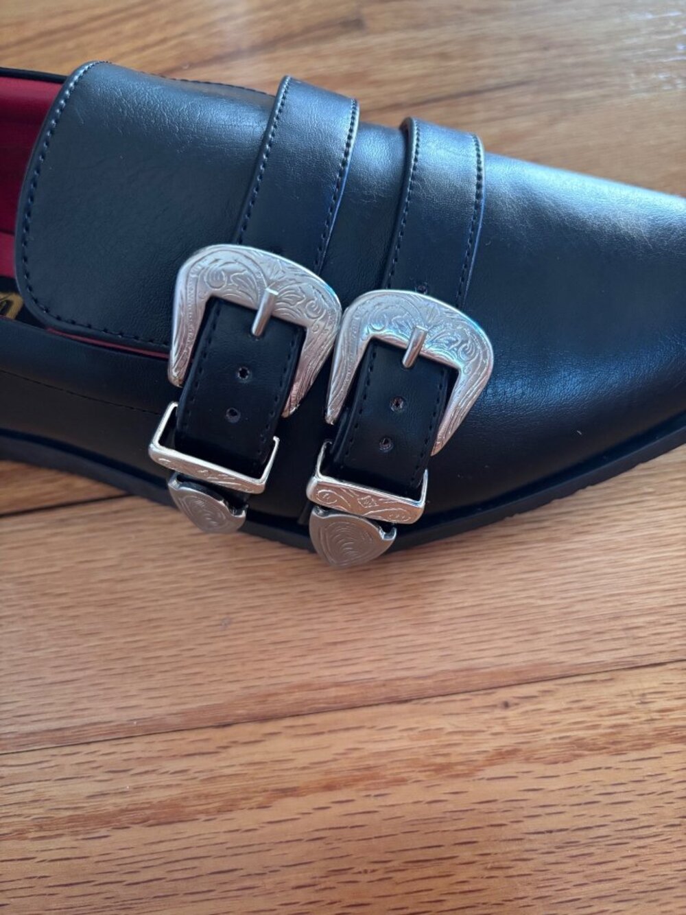 Black Pointed-Toe Loafers With Double Buckle & Red Interior Gothic Style Sz 9 by - Picture 3 of 8